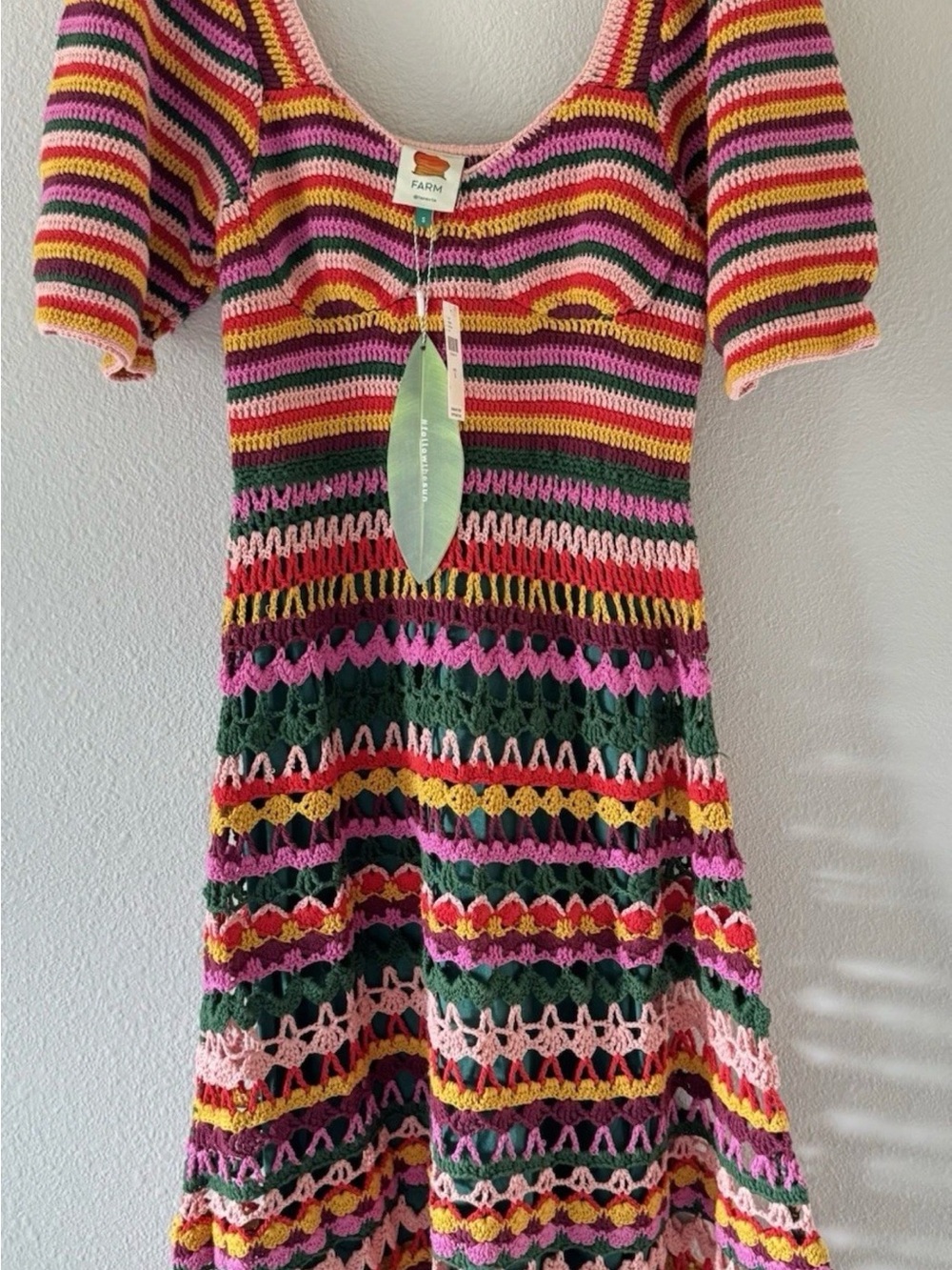 Anthropologie NWT Farm Rio Crochet Dress Size Small Multicolor Puff Sleeve Women